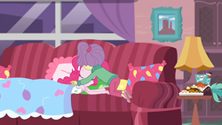 Size: 1920x1080 | Tagged: safe, screencap, character:pinkie pie, episode:pinkie sitting, g4, my little pony:equestria girls, blanket, cute, dawwww, lily pad (equestria girls), sleeping, young