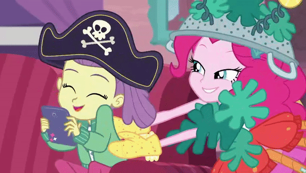 Size: 600x340 | Tagged: safe, screencap, character:pinkie pie, episode:pinkie sitting, g4, my little pony:equestria girls, animated, cute, diapinkes, gif, lily pad (equestria girls), lily padorable, tickling, young