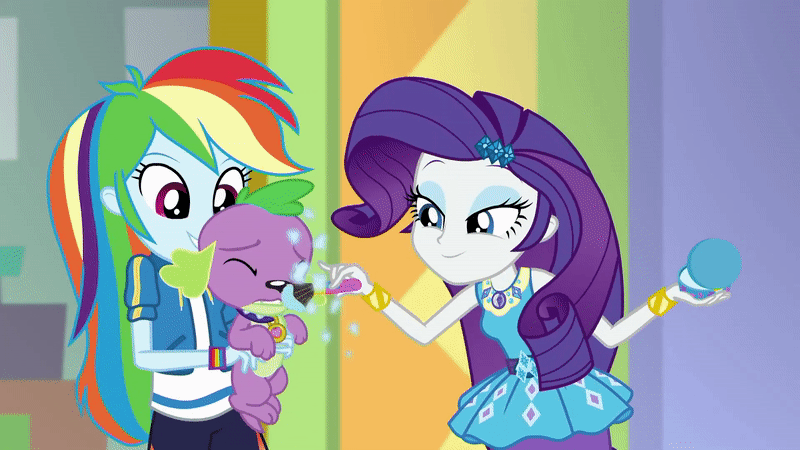 Size: 800x450 | Tagged: safe, screencap, character:rainbow dash, character:rarity, character:spike, character:spike (dog), species:dog, episode:a fine line, g4, my little pony:equestria girls, animated, cute, forced makeover, makeover, spikabetes