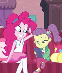 Size: 617x720 | Tagged: safe, screencap, character:pinkie pie, episode:pinkie sitting, g4, my little pony:equestria girls, clothing, cropped, female, lily pad (equestria girls), pantyhose, smiling, young