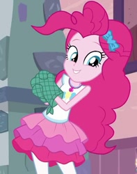 Size: 568x720 | Tagged: safe, screencap, character:pinkie pie, episode:pinkie sitting, g4, my little pony:equestria girls, clothing, cropped, cute, female, hairband, magical geodes, mittens, pantyhose, skirt, smiling