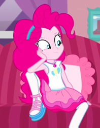 Size: 548x695 | Tagged: safe, screencap, character:pinkie pie, episode:pinkie sitting, g4, my little pony:equestria girls, clothing, cropped, cute, female, hairband, pantyhose, shoes, skirt, solo