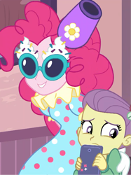Size: 807x1079 | Tagged: safe, screencap, character:pinkie pie, episode:pinkie sitting, g4, my little pony:equestria girls, bad touch, clothing, clown, glasses, hat, i need an adult, lily pad (equestria girls), nervous, out of context, party cannon, personal space invasion, stranger danger, worried, young