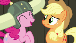 Size: 1280x720 | Tagged: safe, screencap, character:applejack, character:pinkie pie, species:pony, episode:not asking for trouble, g4, my little pony: friendship is magic, helmet, honorary yak horns, horned helmet, viking helmet