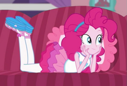 Size: 557x377 | Tagged: safe, screencap, character:pinkie pie, episode:pinkie sitting, g4, my little pony:equestria girls, clothing, cute, diapinkes, hairband, legs in air, lying down, pantyhose, shoes, skirt