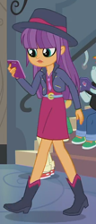 Size: 292x681 | Tagged: safe, screencap, character:ginger owlseye, character:snails, character:snips, episode:overpowered, g4, my little pony:equestria girls, background human, cellphone, clothing, cropped, cute, fedora, female, hat, irl, jacket, legs, owlabetes, phone, photo, skirt, smartphone