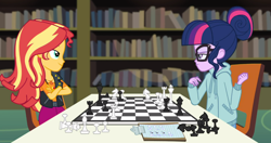 Size: 1426x755 | Tagged: safe, screencap, character:sunset shimmer, character:twilight sparkle, character:twilight sparkle (scitwi), species:eqg human, episode:the finals countdown, g4, my little pony:equestria girls, chair, chess, chessboard incorrectly oriented, clothing, crossed arms, cute, jacket, leather jacket, pants, sitting, smiling, smirk, vest