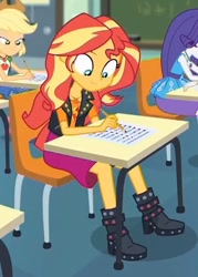Size: 425x594 | Tagged: safe, screencap, character:applejack, character:rarity, character:sunset shimmer, episode:the finals countdown, g4, my little pony:equestria girls, cropped, desk, pencil, sitting, solo focus