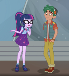 Size: 1468x1612 | Tagged: safe, screencap, character:timber spruce, character:twilight sparkle, character:twilight sparkle (scitwi), species:eqg human, episode:star crossed, g4, my little pony:equestria girls, backpack, cropped, duo, geode of telekinesis, hand in pocket