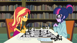 Size: 1366x768 | Tagged: safe, screencap, character:sunset shimmer, character:twilight sparkle, character:twilight sparkle (scitwi), species:eqg human, episode:the finals countdown, g4, my little pony:equestria girls, book, bookshelf, checklist, chess, chessboard, chessboard incorrectly oriented, clothing, cute, gendo pose, hoodie, library, lidded eyes, looking at each other, smiling, twiabetes