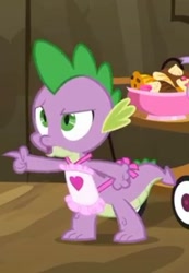 Size: 498x720 | Tagged: safe, screencap, character:spike, species:dragon, episode:dragon quest, g4, my little pony: friendship is magic, apron, claws, clothing, cropped, food, male, naked apron, season 2