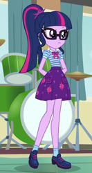 Size: 400x750 | Tagged: safe, screencap, character:twilight sparkle, character:twilight sparkle (scitwi), species:eqg human, episode:overpowered, g4, my little pony:equestria girls, clothing, cropped, cymbals, drum kit, drums, female, glasses, hands behind back, hi-hat, musical instrument, outfit catalog, ponytail, solo