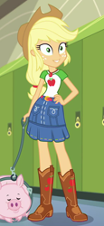 Size: 450x980 | Tagged: safe, screencap, character:applejack, episode:queen of clubs, g4, my little pony:equestria girls, boots, canterlot high, clothing, cowboy hat, cropped, denim skirt, eyes closed, freckles, geode of super strength, hallway, hat, lockers, outfit catalog, pig, shoes, skirt, solo, stetson