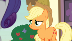Size: 1250x703 | Tagged: safe, screencap, character:applejack, character:rarity, episode:honest apple, g4, my little pony: friendship is magic, apology, clothing, crying, door, flower, grass, guilty, hat, hay, house, strawberries, teary eyes
