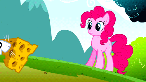 Size: 500x281 | Tagged: safe, screencap, character:pinkie pie, species:earth pony, species:pony, episode:too many pinkie pies, g4, my little pony: friendship is magic, animated, cheese, clone, female, food, mare, mouse, pinkie clone
