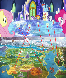 Size: 1280x1506 | Tagged: safe, screencap, character:applejack, character:fluttershy, character:pinkie pie, character:rainbow dash, character:rarity, character:spike, character:starlight glimmer, character:sunburst, character:twilight sparkle, character:twilight sparkle (alicorn), species:alicorn, species:dragon, species:pony, episode:shadow play, g4, my little pony: friendship is magic, analysis, blindfold, comparison, cutie map, flower, friendship throne, inconsistency, mane six, map, map of equestria, mask, netitus, shield, shovel