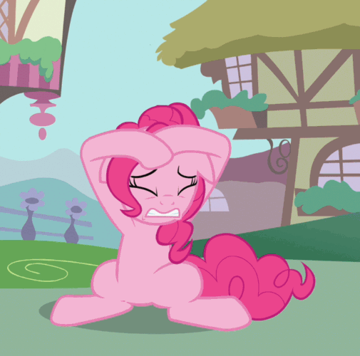 Size: 505x500 | Tagged: safe, screencap, character:pinkie pie, species:earth pony, species:pony, episode:a friend in deed, g4, my little pony: friendship is magic, animated, cowering, eyes closed, female, gif, mare, ponyville, solo