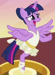 Size: 520x700 | Tagged: safe, screencap, character:twilight sparkle, character:twilight sparkle (alicorn), species:alicorn, species:pony, episode:a royal problem, g4, my little pony: friendship is magic, ballerina, clothing, cute, dress, leotard, music box, sheepish, solo, spread wings, tutu, twiabetes, twilarina, wings