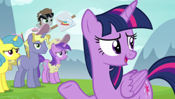 Size: 1280x720 | Tagged: safe, screencap, character:amethyst star, character:lemon hearts, character:ponet, character:sparkler, character:twilight sparkle, character:twilight sparkle (alicorn), species:alicorn, species:pony, episode:fame and misfortune, g4, my little pony: friendship is magic, genuine smile, overcast (character), when you see it