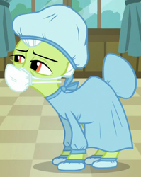 Size: 367x460 | Tagged: safe, screencap, character:granny smith, episode:where the apple lies, g4, my little pony: friendship is magic, cropped, hair net, hospital gown, solo, surgical mask