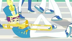 Size: 533x304 | Tagged: safe, screencap, episode:queen of clubs, g4, my little pony:equestria girls, background human, clothing, cropped, hat, male, pants, shoes, trombone