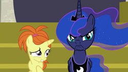 Size: 1920x1080 | Tagged: safe, screencap, character:princess luna, species:pony, episode:a royal problem, g4, my little pony: friendship is magic, >:c, faec, female, filly, frown, grumpy luna, indian summer, luna is not amused, scared, scowl, unamused