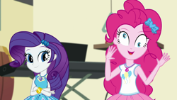 Size: 1280x720 | Tagged: safe, screencap, character:pinkie pie, character:rarity, episode:overpowered, g4, my little pony:equestria girls, derp, geode of shielding, geode of sugar bombs, pinkie being pinkie, silly human