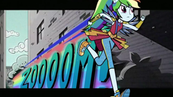Size: 1600x900 | Tagged: safe, screencap, character:rainbow dash, episode:super squad goals, g4, my little pony:equestria girls, black outlines, clothing, crystal guardian, crystal wings, geode of super speed, hascon, magical geodes, onomatopoeia, ponied up, running, zoom