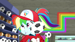 Size: 1920x1080 | Tagged: safe, screencap, character:rainbow dash, episode:epic fails, eqg summertime shorts, g4, my little pony:equestria girls, ball, cap, clothing, dashabuse, faec, female, football, hat, ouch, ponytail, solo, sports