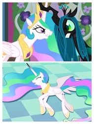 Size: 3106x4096 | Tagged: safe, screencap, character:princess celestia, character:queen chrysalis, species:changeling, episode:a canterlot wedding, g4, my little pony: friendship is magic, changeling queen, defeated, female, fight
