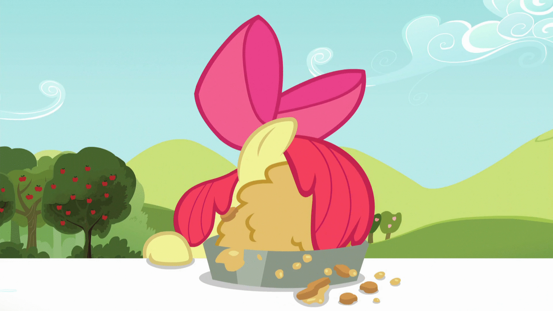Size: 1920x1080 | Tagged: safe, screencap, character:apple bloom, species:human, episode:brotherhooves social, g4, my little pony: friendship is magic, animated, contest, cute, female, filly, food, gif, licking, pie, running, tongue out