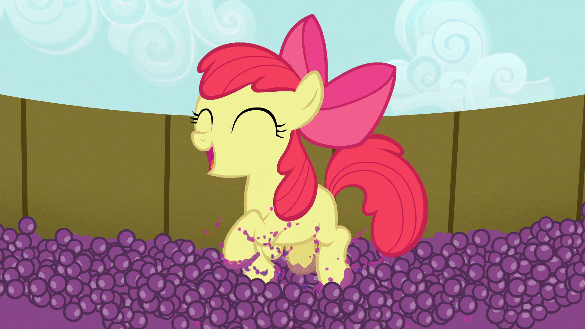 Size: 1920x1080 | Tagged: safe, screencap, character:apple bloom, species:pony, episode:brotherhooves social, g4, my little pony: friendship is magic, adorabloom, animated, cute, female, filly, food, gif, grape juice, grapes, happy, juice, loop, stomp