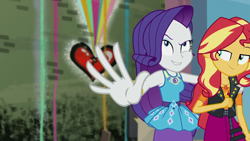 Size: 1280x720 | Tagged: safe, screencap, character:rarity, character:sunset shimmer, episode:display of affection, g4, my little pony:equestria girls, female, geode of empathy, geode of shielding, magical geodes