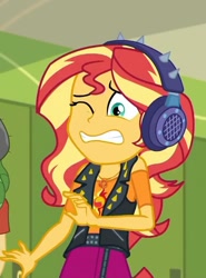 Size: 534x720 | Tagged: safe, screencap, character:sandalwood, character:sunset shimmer, episode:overpowered, g4, my little pony:equestria girls, cropped, female, geode of empathy, headphones, magical geodes, solo