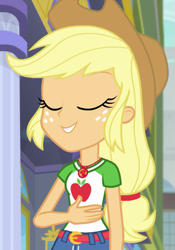 Size: 505x720 | Tagged: safe, screencap, character:applejack, episode:super squad goals, g4, my little pony:equestria girls, clothing, cowboy hat, cropped, eyes closed, female, geode of super strength, hand on chest, hat, smiling, solo