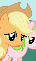 Size: 350x583 | Tagged: safe, screencap, character:applejack, character:red gala, species:earth pony, species:pony, episode:friendship is magic, g4, my little pony: friendship is magic, apple family member, crimson gala, cropped, wavy mouth