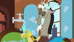 Size: 1280x720 | Tagged: safe, screencap, character:discord, episode:discordant harmony, g4, my little pony: friendship is magic, chaos magic, faucet, fluttershy's cottage, solo, water