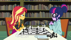 Size: 1280x720 | Tagged: safe, screencap, character:sunset shimmer, character:twilight sparkle, character:twilight sparkle (scitwi), species:eqg human, episode:the finals countdown, g4, my little pony:equestria girls, canterlot high, chess, chessboard incorrectly oriented, clothing, glasses, hoodie, library