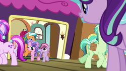 Size: 1920x1080 | Tagged: safe, screencap, character:amber laurel, character:citrine nectar, character:cloudy spinel, character:starlight glimmer, species:crystal pony, species:pony, species:unicorn, episode:uncommon bond, g4, my little pony: friendship is magic, amethyst shard, background pony, colt, female, filly, lavender bunch, male, mare, sly flourish, stallion, train station