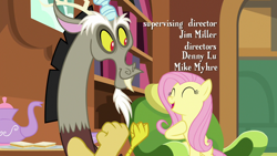 Size: 1280x720 | Tagged: safe, screencap, character:discord, character:fluttershy, species:pony, episode:discordant harmony, g4, my little pony: friendship is magic, carrot-ginger sandwich, fluttershy's cottage (interior), food, sandwich, teapot