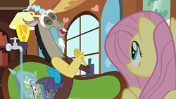 Size: 1280x720 | Tagged: safe, screencap, character:discord, character:fluttershy, species:pony, episode:discordant harmony, g4, my little pony: friendship is magic, faucet, fluttershy's cottage (interior)