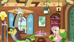 Size: 1280x720 | Tagged: safe, screencap, character:discord, character:fluttershy, species:pony, episode:discordant harmony, g4, my little pony: friendship is magic, cup, faucet, fluttershy's cottage (interior), food, sandwich, sandwich crust, teacup, teapot