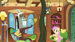 Size: 1280x720 | Tagged: safe, screencap, character:discord, character:fluttershy, species:draconequus, species:pegasus, species:pony, episode:discordant harmony, g4, my little pony: friendship is magic, cup, faucet, fluttershy's cottage (interior), food, sandwich, sandwich crust, teacup, teapot, tree