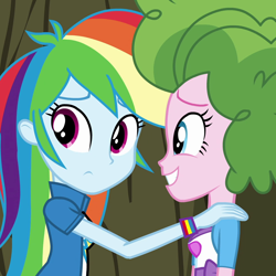 Size: 1000x1000 | Tagged: safe, screencap, character:pinkie pie, character:rainbow dash, episode:pinkie spy, equestria girls:friendship games, g4, my little pony:equestria girls, bush, cropped, duo, duo female, female