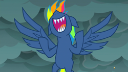 Size: 1920x1080 | Tagged: safe, screencap, character:evil pie hater dash, character:rainbow dash, species:pegasus, species:pony, episode:secrets and pies, g4, my little pony: friendship is magic, cloud, dark clouds, evil laugh, female, flying, laughing, mare, nose in the air, sharp teeth, teeth, volumetric mouth