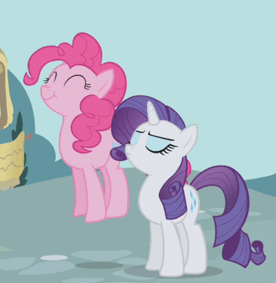 Size: 400x410 | Tagged: safe, screencap, character:pinkie pie, character:rarity, species:earth pony, species:pony, species:unicorn, episode:the ticket master, g4, my little pony: friendship is magic, animated, duo, duo female, eyes closed, female, gif, jumping, mare, pinkie bounce, pronking