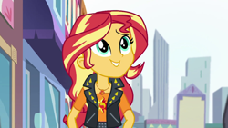 Size: 1280x720 | Tagged: safe, screencap, character:sunset shimmer, episode:display of affection, g4, my little pony:equestria girls, canterlot city, clothing, cute, geode of empathy, magical geodes, smiling, solo