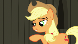 Size: 1280x720 | Tagged: safe, screencap, character:applejack, species:earth pony, species:pony, episode:not asking for trouble, g4, my little pony: friendship is magic, female, freckles, lidded eyes, mare, raised hoof, solo