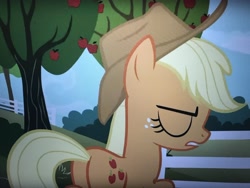 Size: 4032x3024 | Tagged: safe, screencap, character:applejack, species:earth pony, species:pony, episode:buckball season, g4, my little pony: friendship is magic, eyes closed, female, freckles, mare, plot, solo