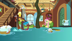 Size: 1280x720 | Tagged: safe, screencap, character:angel bunny, character:discord, character:fluttershy, species:sheep, episode:discordant harmony, g4, my little pony: friendship is magic, faucet, flood, fluttershy's cottage (interior), jar, spoon, tree, water